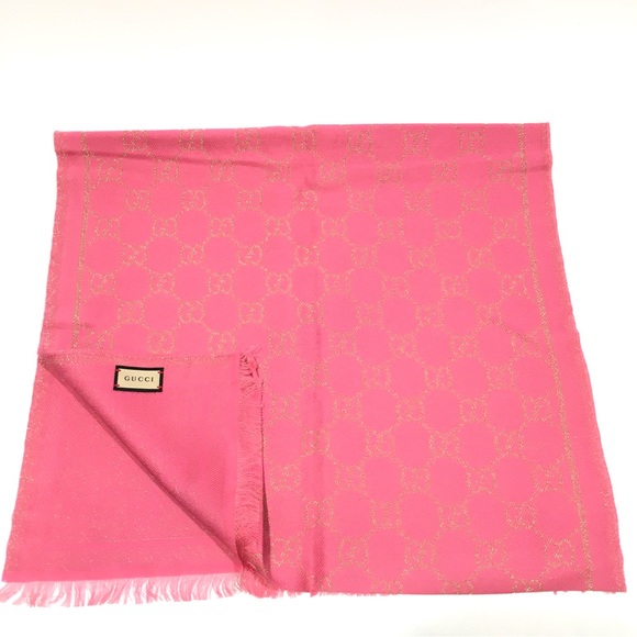 GUCCI GG Guccissima Long Scarf -Pink / Metallic Gold -Wool Modal Blend -NWT - Picture 3 of 8